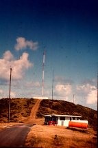 transmitter building with antenna in background
